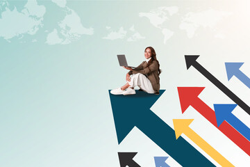 Young businesswoman with laptop sitting on arrow going. Career development and financial growth concept
