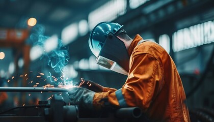 Close up portrait view of professional mask protected welder man in uniform working on the metal sculpture at the table in the industrial fabric workshop in front of few other workers.