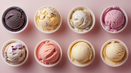 Array of guilt-free ice creams from above, including sorbet and frozen yogurt, showcasing less added sugars and natural colors, studio lit isolated backdrop