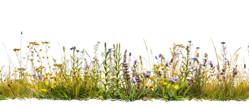 Patch of wildflowers and native grasses along a rural roadside, enhancing the natural landscape, isolated on transparent background