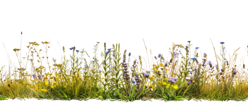 Patch of wildflowers and native grasses along a rural roadside, enhancing the natural landscape, isolated on transparent background