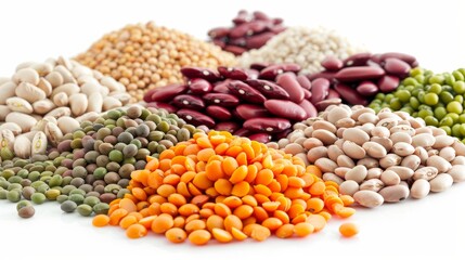 Artistic and educational presentation of legumes, including kidney beans and peas, focusing on their protein content, isolated background, studio lighting - obrazy, fototapety, plakaty