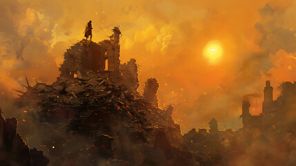 War, a child stands on a mountain of stones, there are destroyed houses around, the rising sun is visible on the horizon from behind the ruins