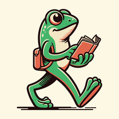 Vintage style illustration of a learned frog walking and engrossed in reading a book, ideal for educational themes and reading campaigns.