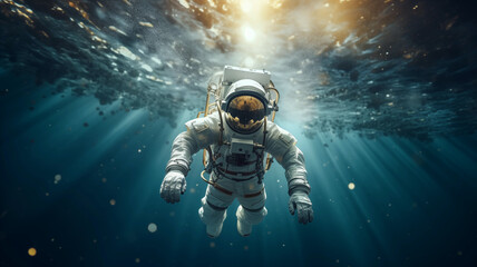Concept of exploration in uncharted worlds; the astronaut explores the undersea world; background image