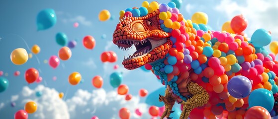 A whimsical Trex made of colorful balloons