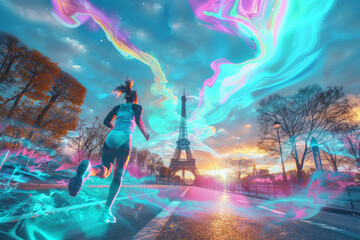 A dynamic image of a female runner with vibrant neon light trails near the Eiffel Tower during a dramatic sunset, showcasing movement and energy - obrazy, fototapety, plakaty