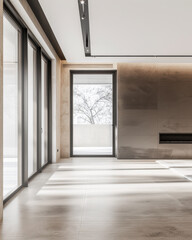Contemporary minimalist empty room with natural lighting coming from a window. Interior design composition with copyspace in natural color.