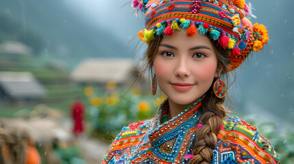 Portrait of a Beautiful Asia Woman Smiling in Colorful National Dress at Festival Carnival, Celebrating Diversity Joy in Local Outfit, Diversity Cultural Heritage.