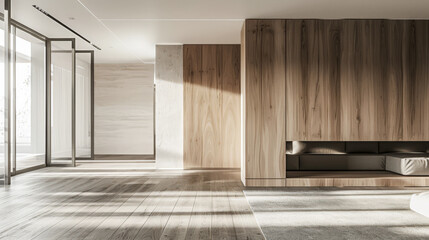 Fototapeta premium Contemporary minimalist empty room with natural lighting coming from a window. Interior design composition with copyspace in natural color.
