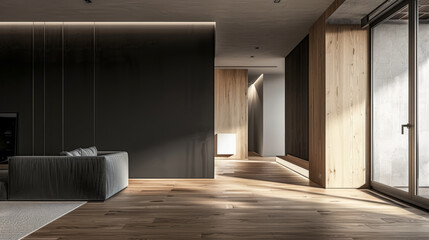 Contemporary minimalist empty room with natural lighting coming from a window. Interior design composition with copyspace in natural color.