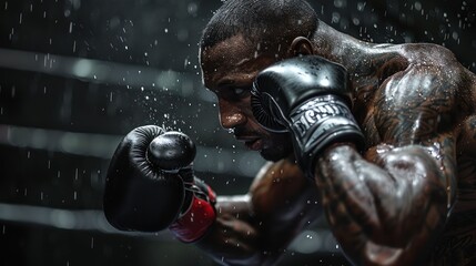 African american Boxer fighting. Black background.