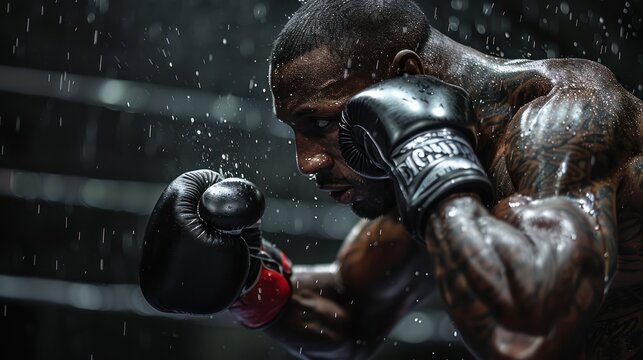 African american Boxer fighting. Black background.