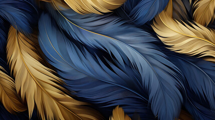 Art wallpaper with golden and blue feathers