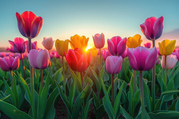 A field of colorful tulips at sunrise, with the sun casting long shadows and creating vibrant colors in the petals. Created with Ai