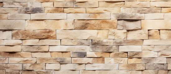 Close up of a beige rectangle brick wall with a rock pattern, building material