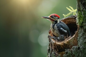 A woodpecker bird is carving a nest in a tree. Photo for a bird magazine.  - obrazy, fototapety, plakaty