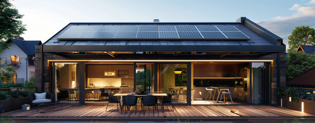 view of the exterior roof and terrace area with solar panels, showcasing an open kitchen on one side leading to a dining table, chairs, a barbeque grill, a seating corner, and outdoor lighting.