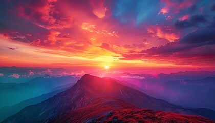 A vivid sunrise over a mountain summit, symbolizing new goals and achievements, serene and uplifting scenery, vivid colors