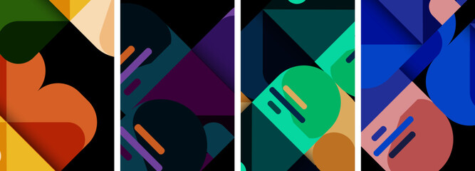Obraz premium A vibrant display of colorful geometric designs featuring rectangles, triangles, and shades of purple, violet, and magenta on a stylish black background. A modern art pattern that exudes colorfulness