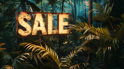 the inscription of the iron letters SALE in retro style with backlight on the background of the jungle - obrazy, fototapety, plakaty