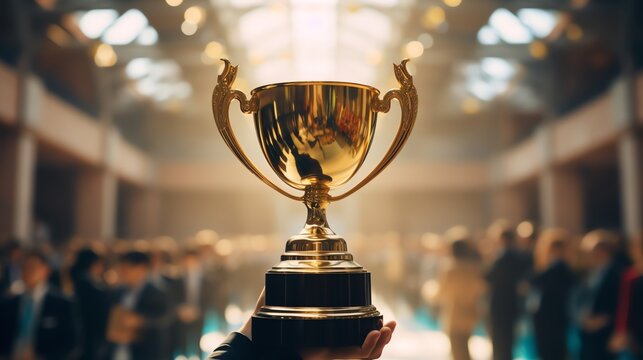 Closeup of a trophy held by a business professional, success symbols and certificates in background
