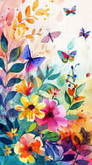 A vibrant watercolor painting of colorful flowers and butterflies, with doodled leaves and ample copy space for text