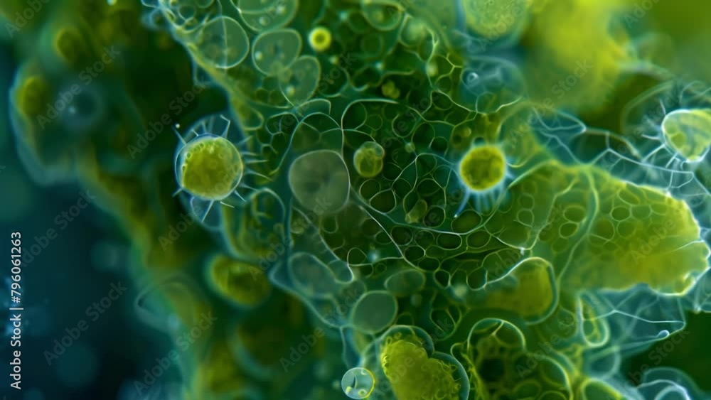 Poster magnified view of a toxic algal bloom showing a dense concentration of algae cells with enlarged nuc