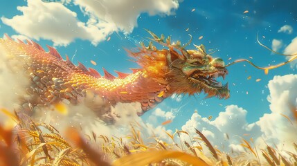 Japanese dragon, Golden scales, Dragon flying across cornfield and spitting fire from its mouth, Colorful clouds rising in the blue sky AI generated - obrazy, fototapety, plakaty
