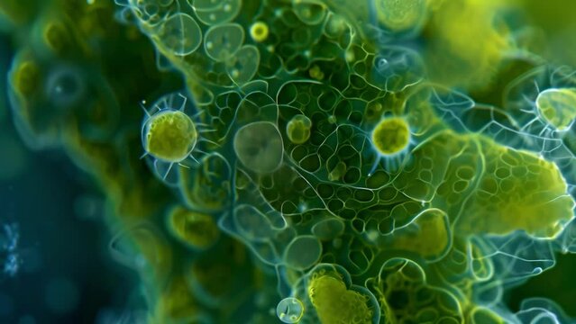 Magnified view of a toxic algal bloom showing a dense concentration of algae cells with enlarged nuclei and cell walls. . AI generation.