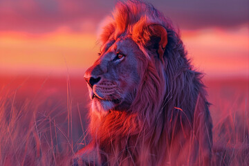 A majestic lion blending into the twilight with a gentle, ethereal aura - obrazy, fototapety, plakaty