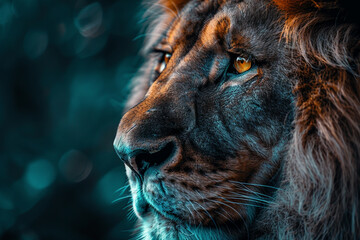 A majestic lion blending into the twilight with a gentle, ethereal aura - obrazy, fototapety, plakaty