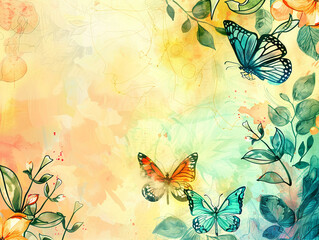Bright and colorful doodles of butterflies and flowers on a watercolor background, surrounded by leaves with generous copy space for messaging