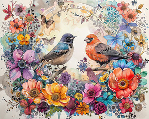 Center-focused watercolor painting of birds among flowers, framed by intricate doodles of natural elements, colorful and engaging