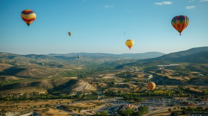 colorful hot air balloon festival, with very clear skies in the hills AI generated