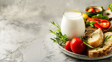 The nutritious breakfast scene combines milk, bread and vegetables, using minimalist food photography to showcase the aesthetics of healthy life in simplicity.