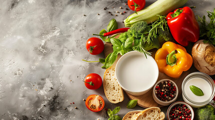 The nutritious breakfast scene combines milk, bread and vegetables, using minimalist food photography to showcase the aesthetics of healthy life in simplicity.