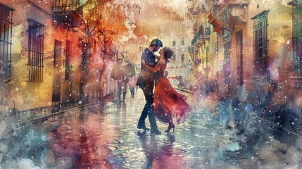 A spontaneous dance in the rain, a couple twirling on a cobblestone street, watercolor blending the colors of their clothes with the rainy backdrop