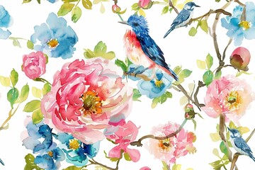 Seamless vintage watercolor with peonies and birds.