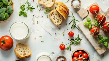 The nutritious breakfast scene combines milk, bread and vegetables, using minimalist food photography to showcase the aesthetics of healthy life in simplicity.