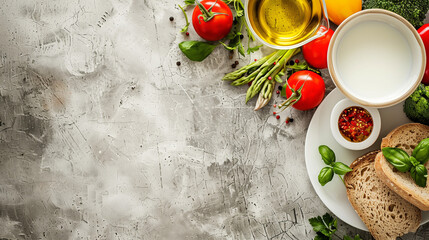 The nutritious breakfast scene combines milk, bread and vegetables, using minimalist food photography to showcase the aesthetics of healthy life in simplicity.