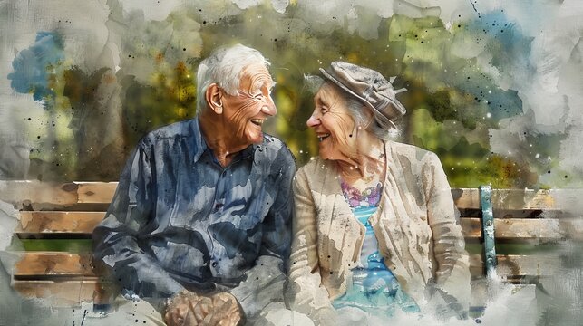 An elderly couple laughing over a shared joke, sitting on a park bench, their wrinkles a map of genuine emotions, painted in watercolors