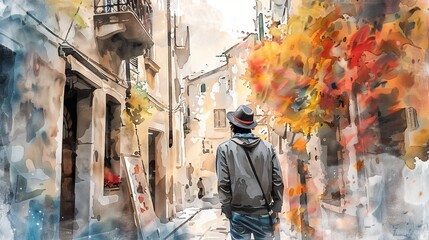 Solo traveler admiring a street artist in a quaint European town, subtle watercolor shades, capturing curiosity and admiration