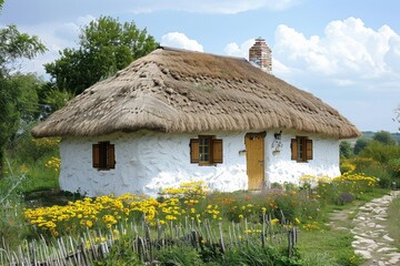 A typical Ukrainian mud hut painted white with a thatched roof.