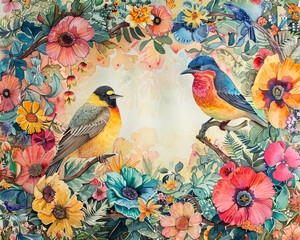 Center-focused watercolor painting of birds among flowers, framed by intricate doodles of natural elements, colorful and engaging