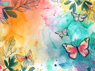 Bright and colorful doodles of butterflies and flowers on a watercolor background, surrounded by leaves with generous copy space for messaging