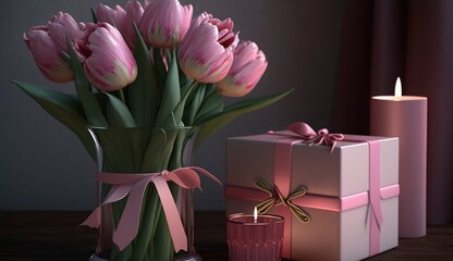 A pink vase of pink tulips sits next to a closed pink gift box with a pink ribbon on a pink background.

