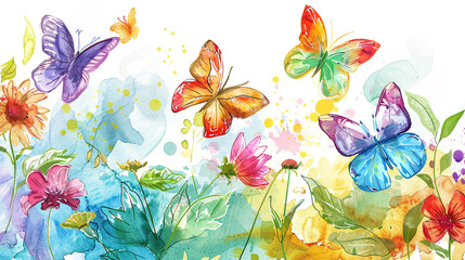 Lively watercolor scene with colorful butterflies dancing around flowers, embellished with leaf doodles and thoughtful copy space