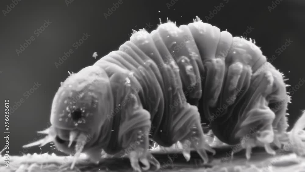 Poster A microscopic view of a water bear or tardigrade a small but resilient organism with four pairs of clawed legs and a distinct segmented . AI generation.