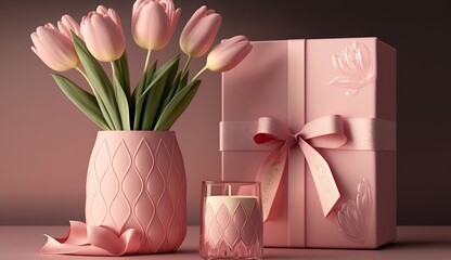 A pink vase of pink tulips sits next to a closed pink gift box with a pink ribbon on a pink background.

